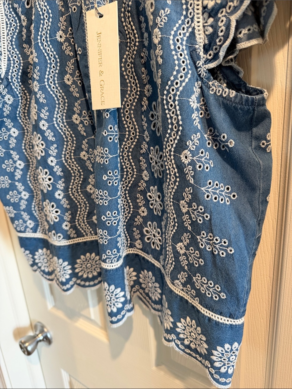 Blue Eyelet Embroidered Flutter-Sleeve Blouse, Large - Picture 4 of 6